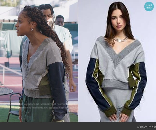 Akira Indie Colorblocked Deep V Sweatshirt worn by Simone (Geffri Hightower) on All American Homecoming