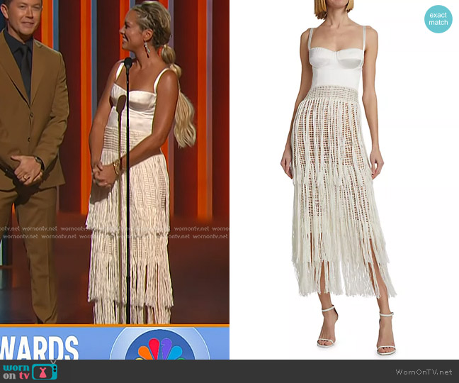 Alejandra Alonso Rojas Bustier Silk Fringe Crochet Dress in Ecru worn by Dylan Dreyer on Today