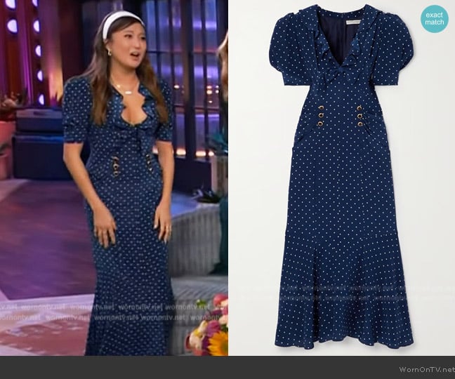 Alessandra Rich Ruched button and bow-embellished polka-dot silk midi dress worn by Ashley Park on The Kelly Clarkson Show