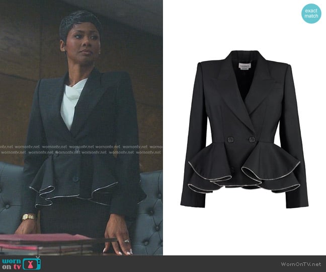 Alexander McQueen Wool Peplum Blazer Jacket with Zipper Detail worn by Jax Stewart (Emayatzy Corinealdi) on Reasonable Doubt