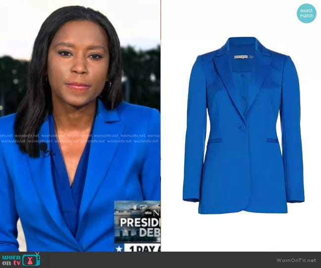 Alice + Olivia Breann Satin Fitted Blazer in Sapphire worn by Rachel Scott on Good Morning America