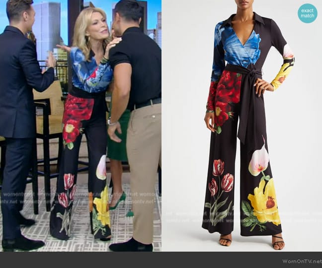 Alice + Olivia Melina Faux Wrap Wide Leg Jumpsuit worn by Vanna White on Live with Kelly and Mark