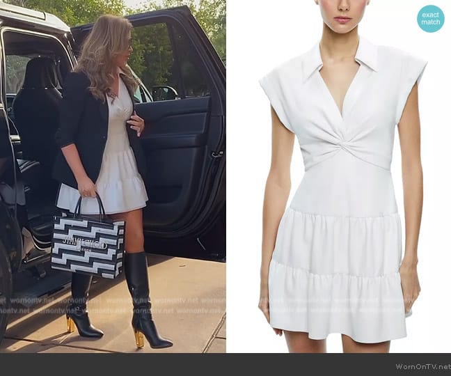 Alice + Olivia Mila Faux-Leather Minidress worn by Emily Simpson on The Real Housewives of Orange County