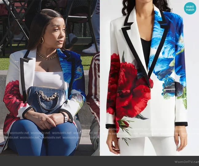 Alice + Olivia Denny Large Format Floral Blazer in Le Parisien worn by Tina Hicks (Shelli Boone) on All American Homecoming