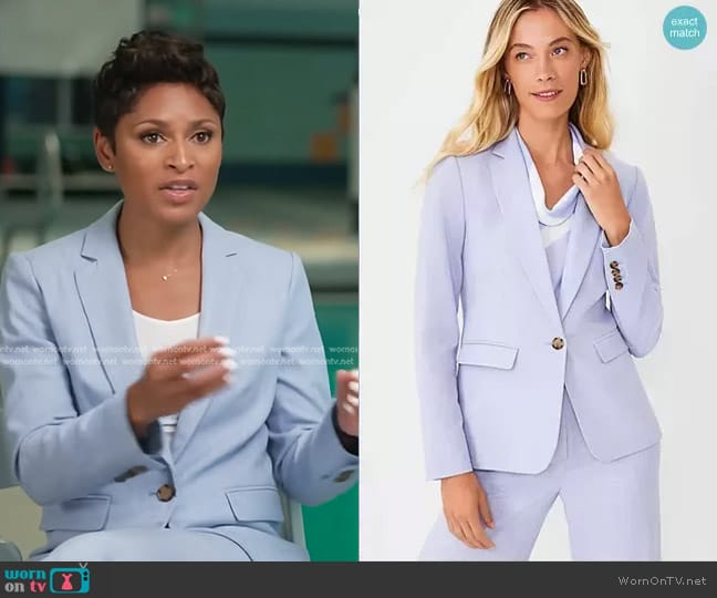 Ann Taylor The Notched One Button Blazer in Cross Weave in Deep Wisteria worn by Jericka Duncan on CBS Evening News