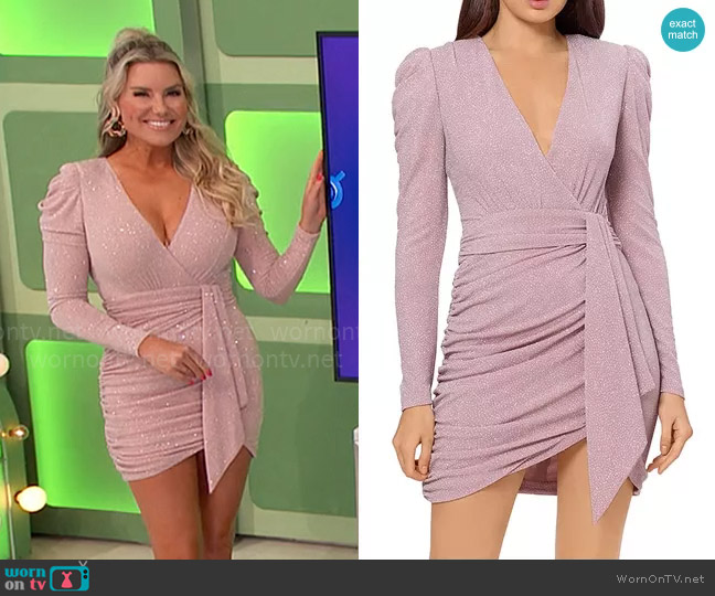 Aqua Metallic Faux Wrap Dress in Mauve Silver worn by Rachel Reynolds on The Price is Right