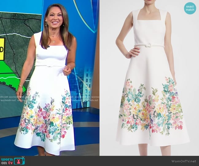 Badgley Mischka Square-Neck Floral-Print Midi Dress worn by Ginger Zee on Good Morning America