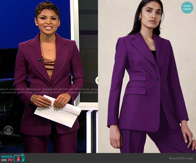 Banana Republic Lido Blazer in Deep Purple worn by Jericka Duncan on CBS Evening News