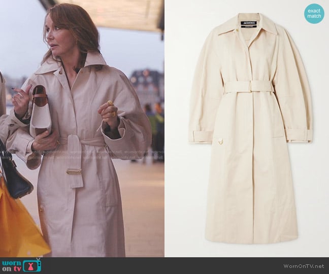 Jacquemus Bari Belted Trench Coat in Natural worn by Sylvie (Philippine Leroy-Beaulieu) on Emily in Paris