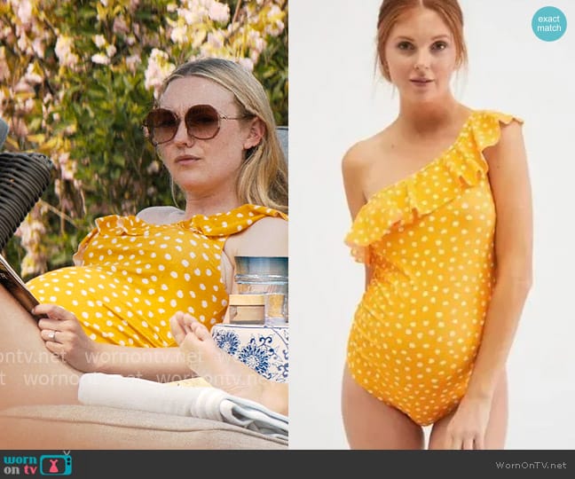 Beach Bump by Motherhood Maternity Ruffle Front One Shoulder Maternity Swimsuit worn by Abby Winbury (Dakota Fanning) on The Perfect Couple