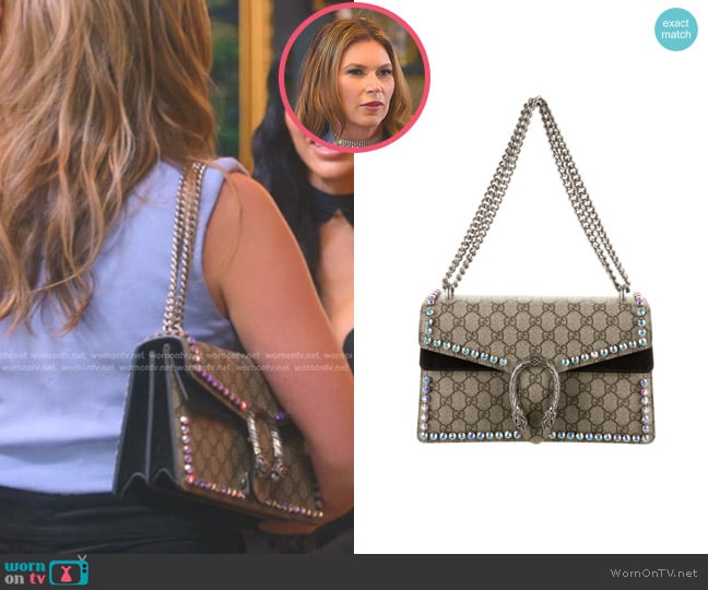 Gucci Supreme Monogram Crystal Small Dionysus Shoulder Bag worn by Maya Vander on Selling Sunset