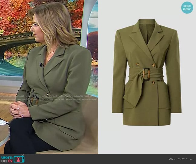 Osman Yousefzada Collective Belted Blazer in Olive worn by Christine Romans on Today