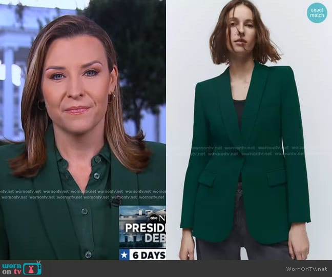 Zara Blazer with Tuxedo Collar in Green worn by Mary Bruce on Good Morning America