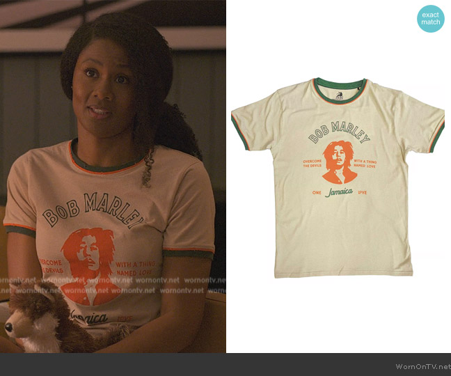 Bob Marley Merch Thing Called Love - Sand Ringer t-shirt worn by Jax Stewart (Emayatzy Corinealdi) on Reasonable Doubt