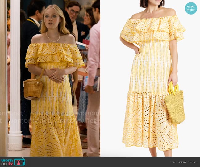 Charo Ruiz Ibiza Isabella Off-the-Shoulder Embroidered Dress worn by Abby Winbury (Dakota Fanning) on The Perfect Couple