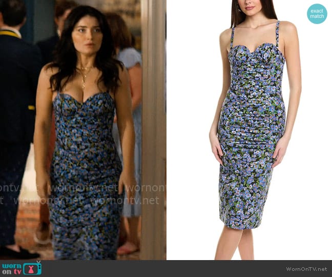 Amelia’s blue floral bustier dress on The Perfect Couple