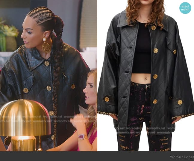 Chanel Black Lambskin Quilted Leather Swing Coat worn by Amanza Smith on Selling Sunset