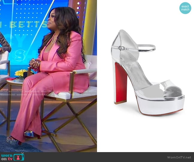 Christian Louboutin Sandaloo Metallic Peep-Toe Sandal in Silver worn by Niecy Nash on Good Morning America