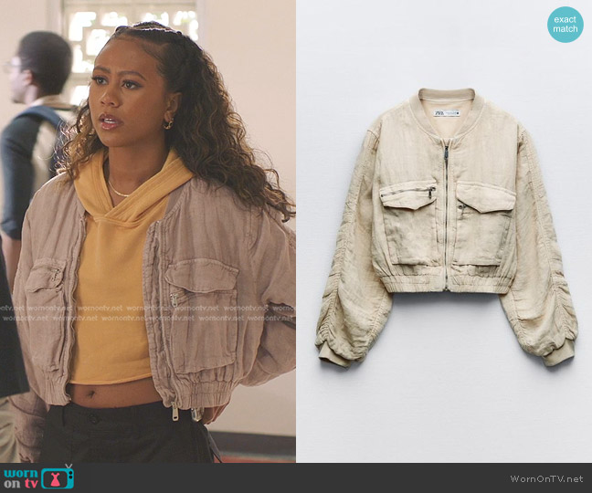 Zara Linen Bomber Jacket worn by Keisha (Netta Walker) on All American Homecoming