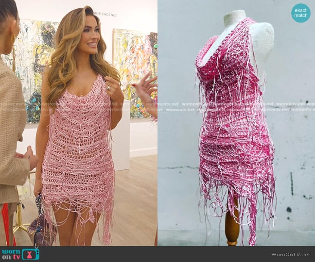 Julie Colquittart Crocheted Satin Dress in Pink worn by Chrishell Stause on Selling Sunset