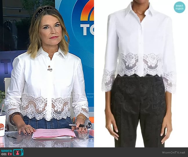 Dolce & Gabbana Floral Lace Crop Button-Up Shirt in Optic White worn by Savannah Guthrie on Today