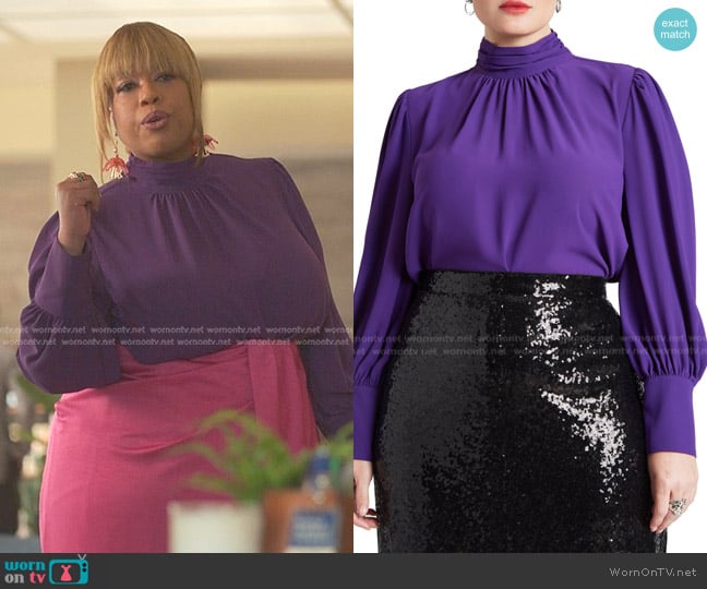 Eloquii Plus Size Shirred Mock Neck Blouse in Deep Purple worn by Krystal Walters (Angela Grovey) on Reasonable Doubt