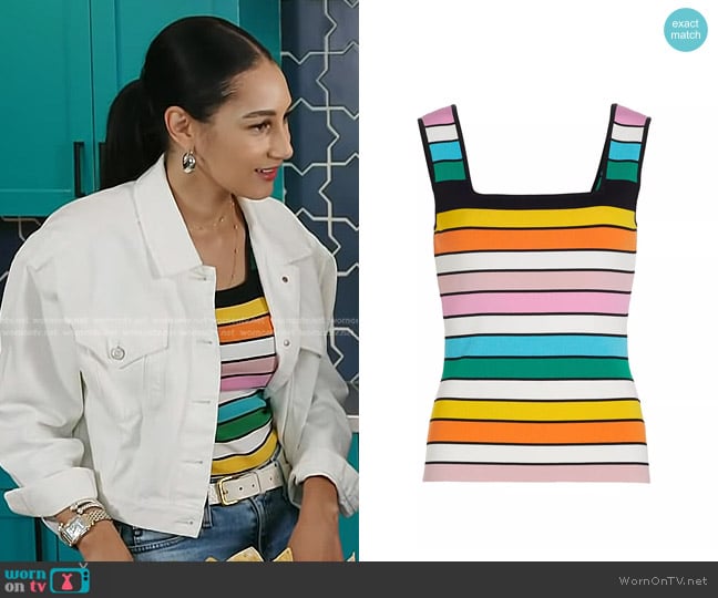 Elie Tahari Mylah Striped Knit Tank in Multi Stripe worn by Morgan Radford on Today