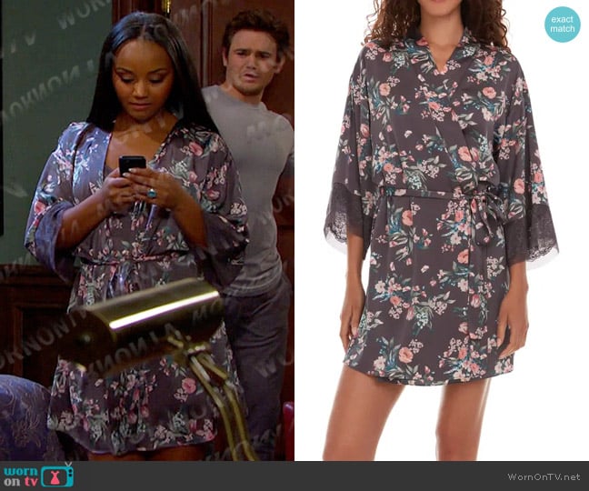 Flora Nikrooz Andrea Floral Lace Trim Robe in Grey worn by Chanel Dupree (Raven Bowens) on Days of our Lives