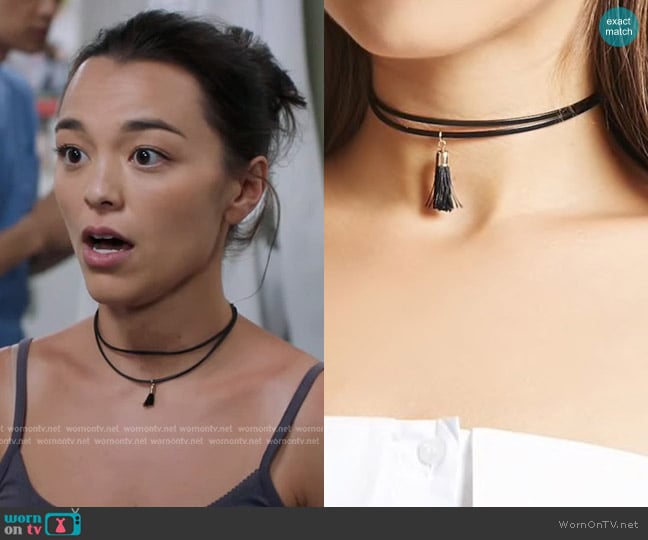 Forever 21 Tassel Faux Feather Choker worn by Mika Yasuda (Midori Francis) on Greys Anatomy