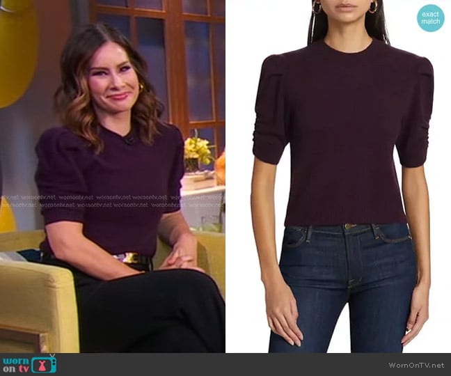 Frame Ruched Sleeve Recycled Cashmere Blend Sweater in Plum worn by Rebecca Jarvis on Good Morning America