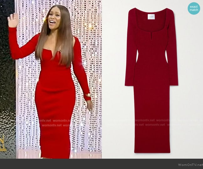 Galvan London Freya square-neck stretch-woven midi dress worn by Eve on Tamron Hall Show