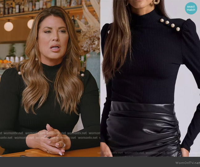 Generation Love Black Chelan Button Long Sleeve High Neck Top worn by Emily Simpson on The Real Housewives of Orange County