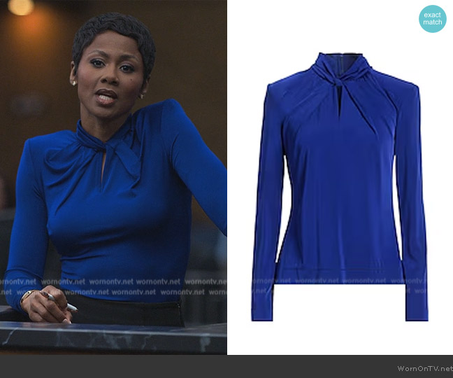 Giorgio Armani Twisted Neck Padded Shoulder Blouse worn by Jax Stewart (Emayatzy Corinealdi) on Reasonable Doubt