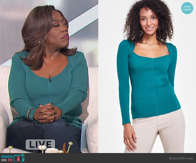 INC International Concepts Ribbed Long-Sleeve Sweater in Green Tourmaline worn by Sheryl Underwood on The Talk