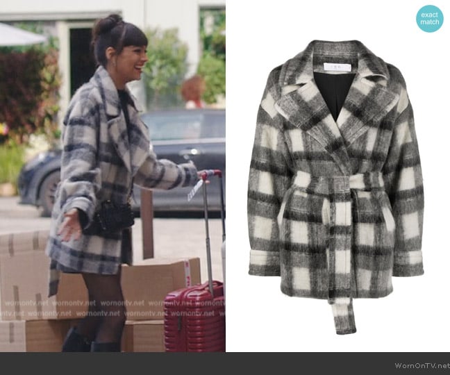 IRO Pamae checked belted coat worn by Genevieve (Thalia Besson) on Emily in Paris