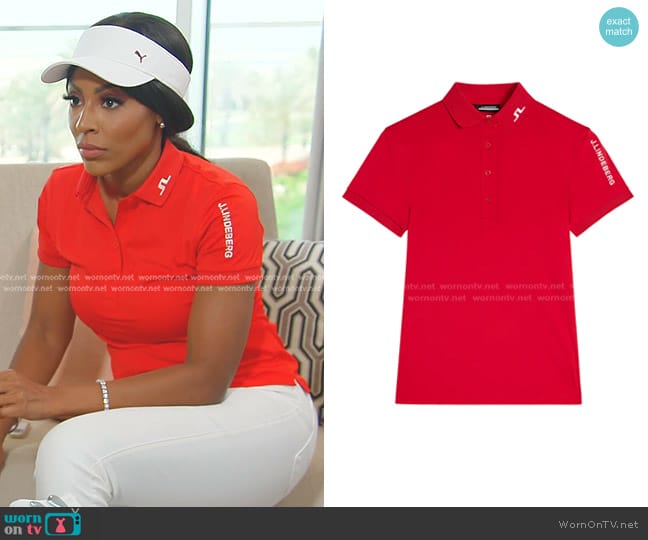 J. Lindeberg Tour Teck Polo in Cherry worn by Caroline Brooks (Caroline Brooks) on The Real Housewives of Dubai