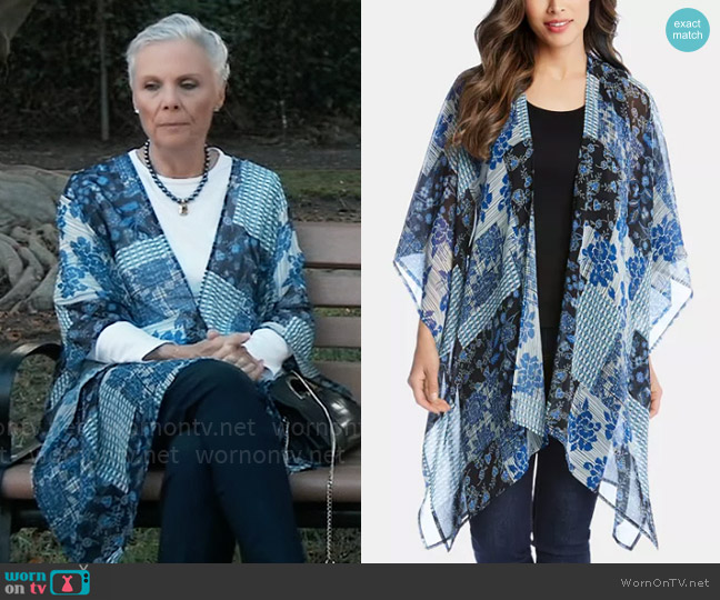 Karen Kane Sheer Patchwork-Print Kimono worn by Tracy Quartermaine (Jane Elliot) on General Hospital