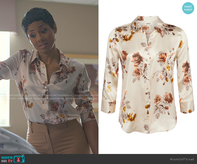 L'Agence Dani Shirt in Buff Rose Floral worn by Jax Stewart (Emayatzy Corinealdi) on Reasonable Doubt