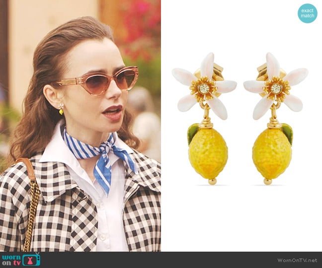 Les Nereides Paris Lemon and White Flower Clip-On Earrings worn by Emily Cooper (Lily Collins) on Emily in Paris