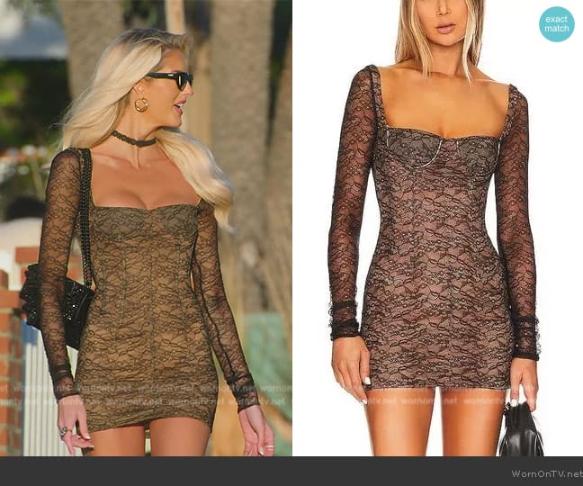 LaQuan Smith Lace Long Sleeve Scoop Back Mini Dress worn by Emma Hernan on Selling Sunset