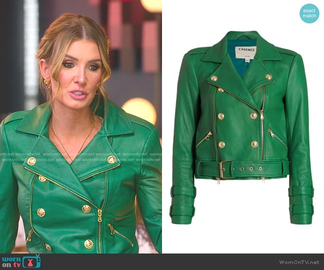 L'Agence Billie Belted Leather Jacket in Clover Green worn by Nicole Young on Selling Sunset