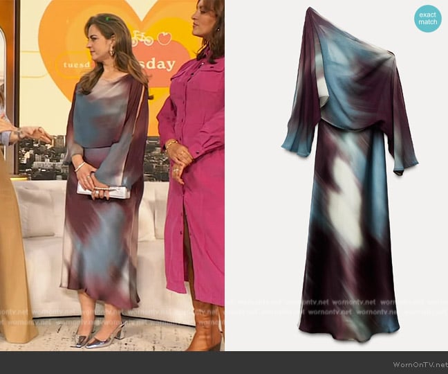 Zara Satin Effect Cape Print Dress worn by Leah Hope on The Drew Barrymore Show