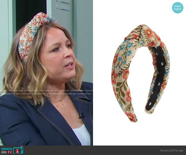 Lele Sadoughi Floral Brocade Knotted Headband in Coral Floral worn by Joanna Teplin on Good Morning America