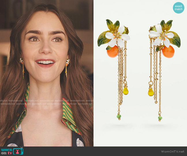 Les Néréides Orange Blossom and Chains Clip On Earrings worn by Emily Cooper (Lily Collins) on Emily in Paris