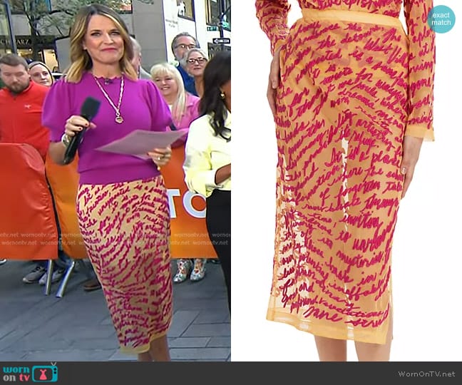 Lingua Franca Cheever Cursive Embroidered Sheer Midi-Skirt in Golden Hour worn by Savannah Guthrie on Today