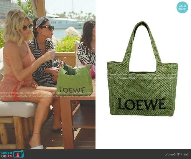 Loewe Raffia Logo Tote Bag in Green worn by Caroline Stanbury (Caroline Stanbury) on The Real Housewives of Dubai