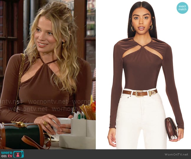 Lovers + Friends Delilah Bodysuit in Espresso Brown worn by Summer Newman (Allison Lanier) on The Young and the Restless