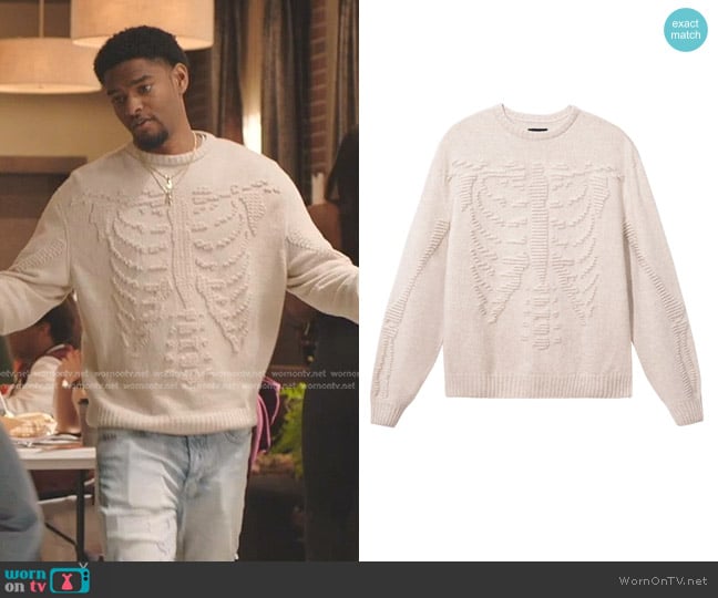 Market x KX Labs Skeleton Sweater worn by JR (Sylvester Powell) on All American Homecoming