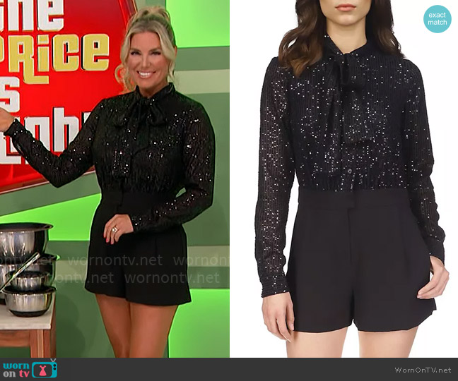 MICHAEL Michael Kors Sequin Tie-Neck Romper worn by Rachel Reynolds on The Price is Right