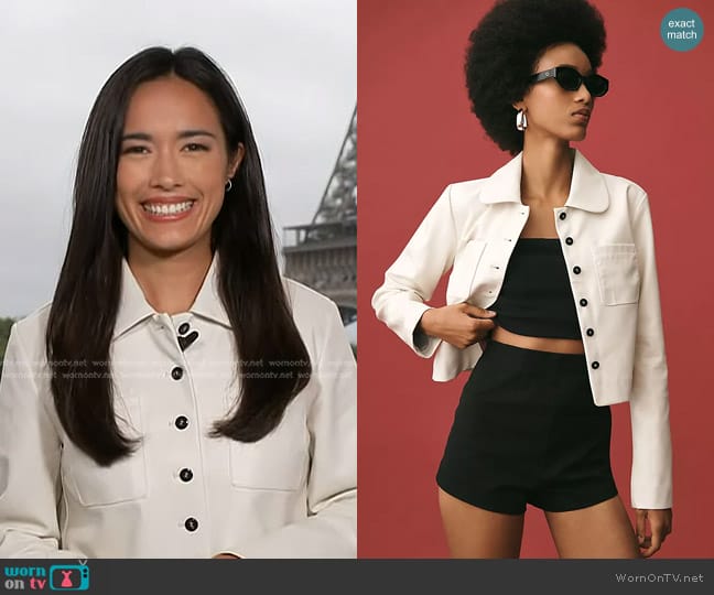 Maeve Faux Leather Collared Crop Jacket in Ivory worn by Emilie Ikeda on Today